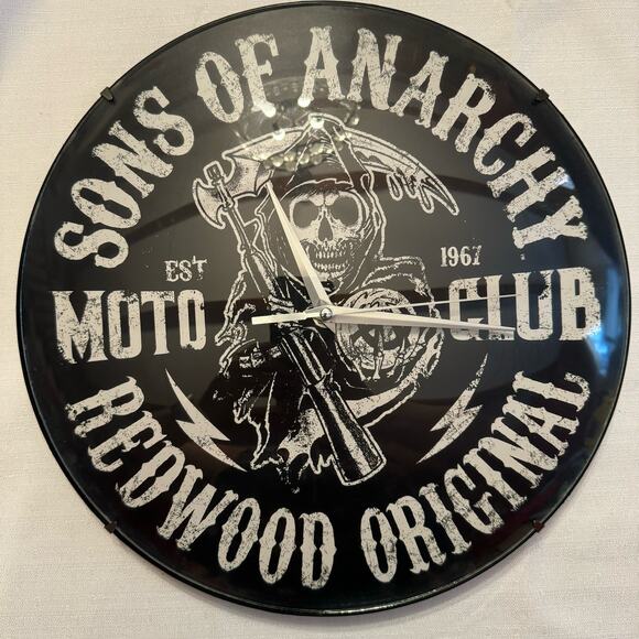 RARE SONS OF ANARCHY MOTORCYCLE CLUB WALL CLOCK, 12 INCH REDWOOD ORIGINAL TESTED - Picture 1 of 6